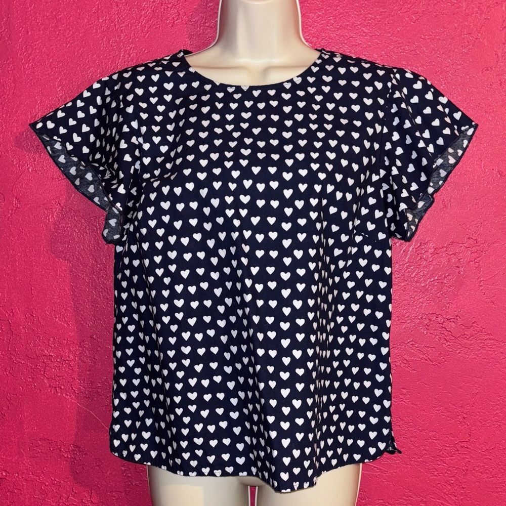 Draper James Navy cotton romantic Valentines Heart Pattern Blouse. Sz 10
